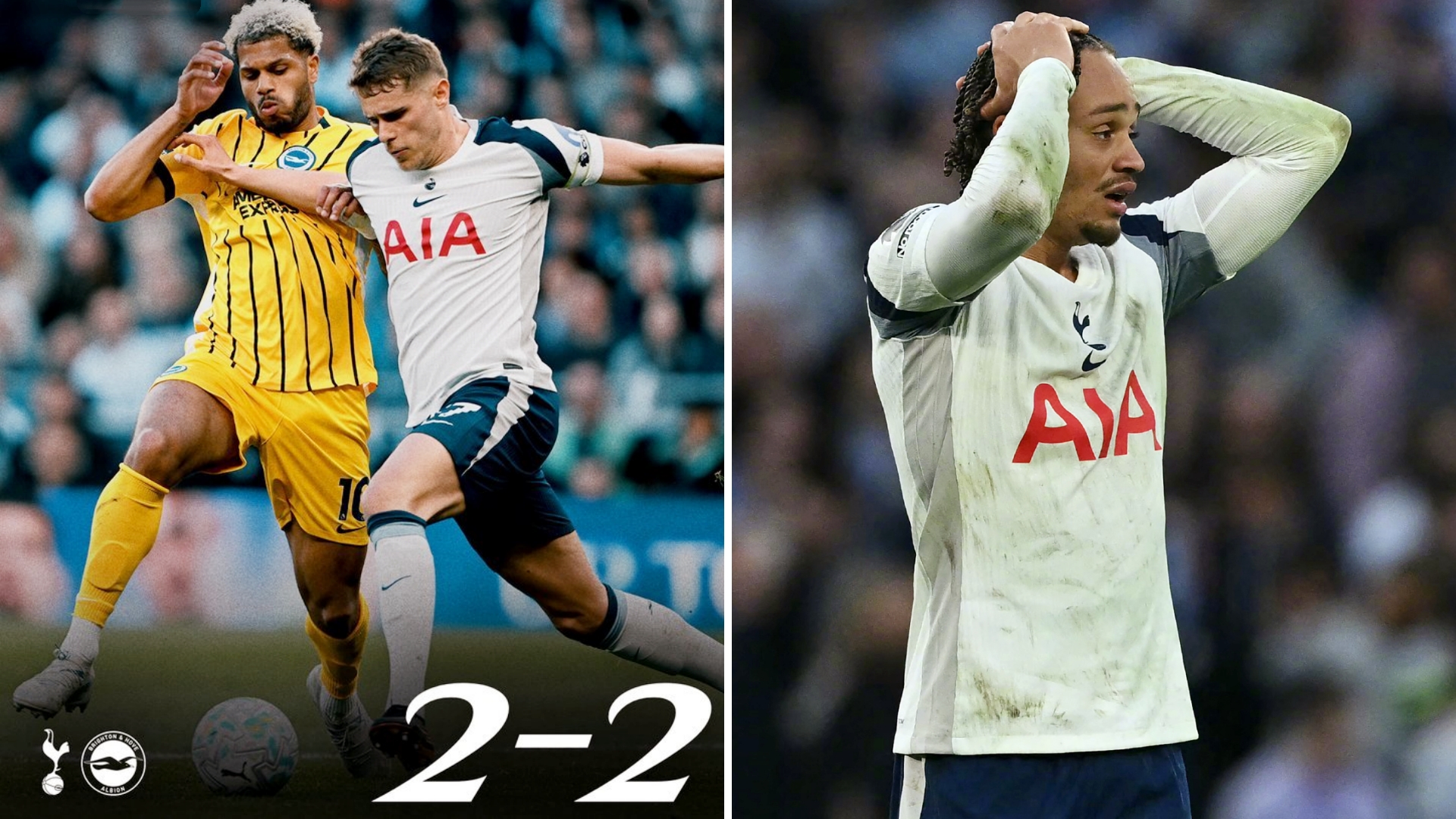 英超：热刺主场2-2遭布莱顿补时绝平，西蒙斯又提前开红酒。
西蒙斯传射+世界波，