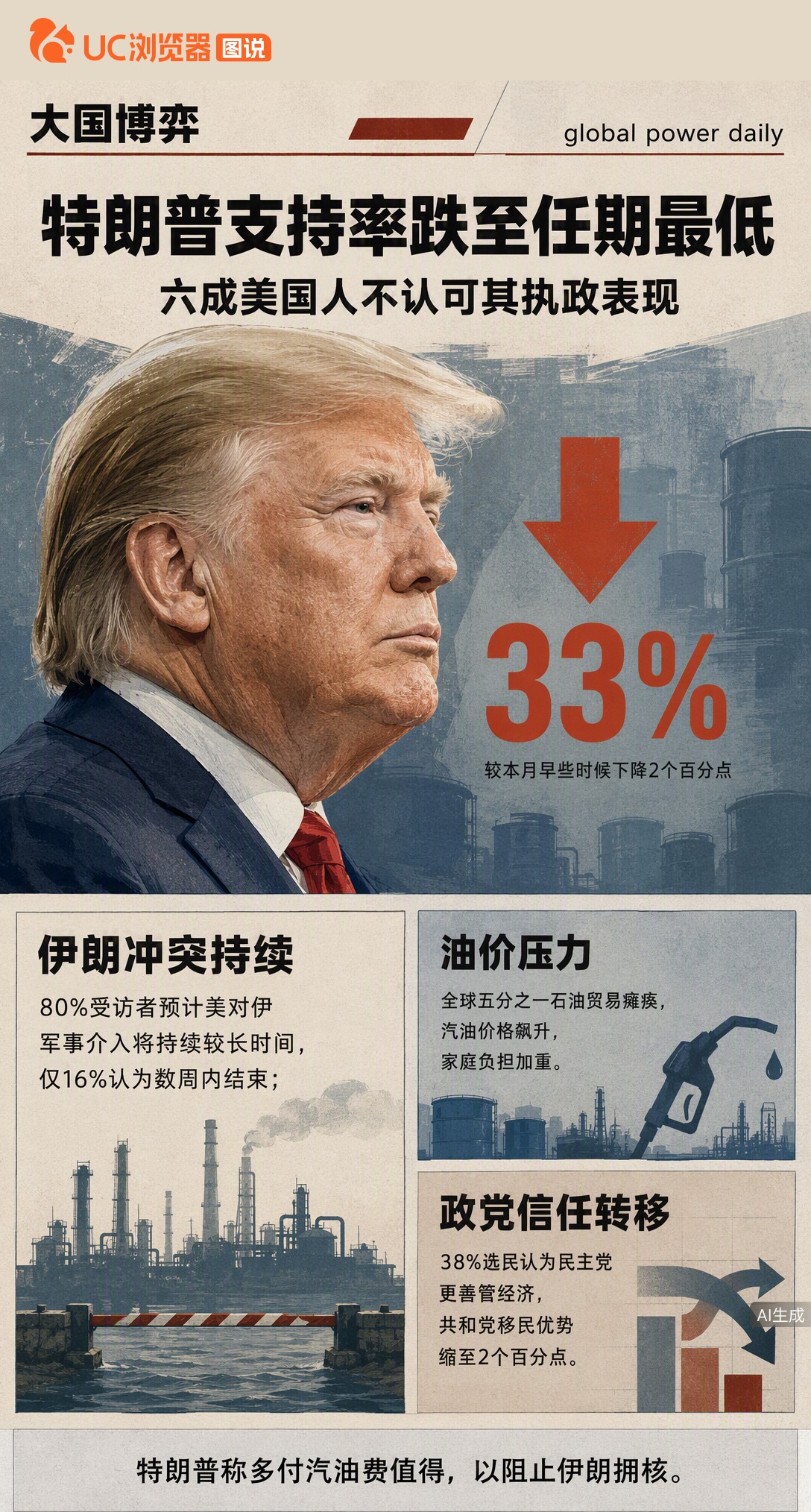 特朗普支持率跌至任期最低33%，六成美国人不认可其执政。对伊冲突致油价飙升，八成民众预计战争将长期持续，共和党在中期选举前的经济优势也正被民主党反超。