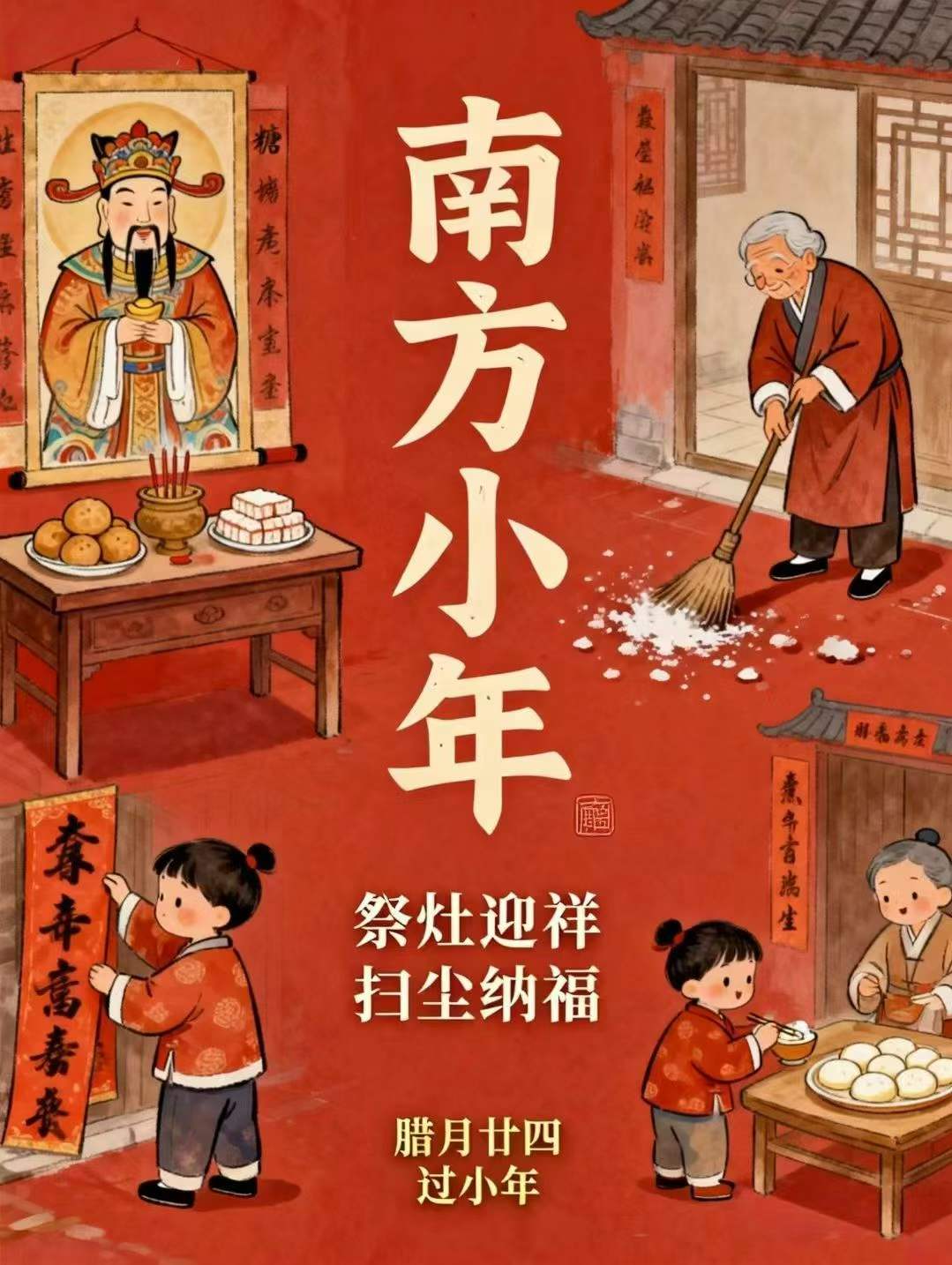 腊月二十四，掸尘扫房子。
扫尘就是年终大扫除，北方称扫房，南方叫掸尘。每逢春节来