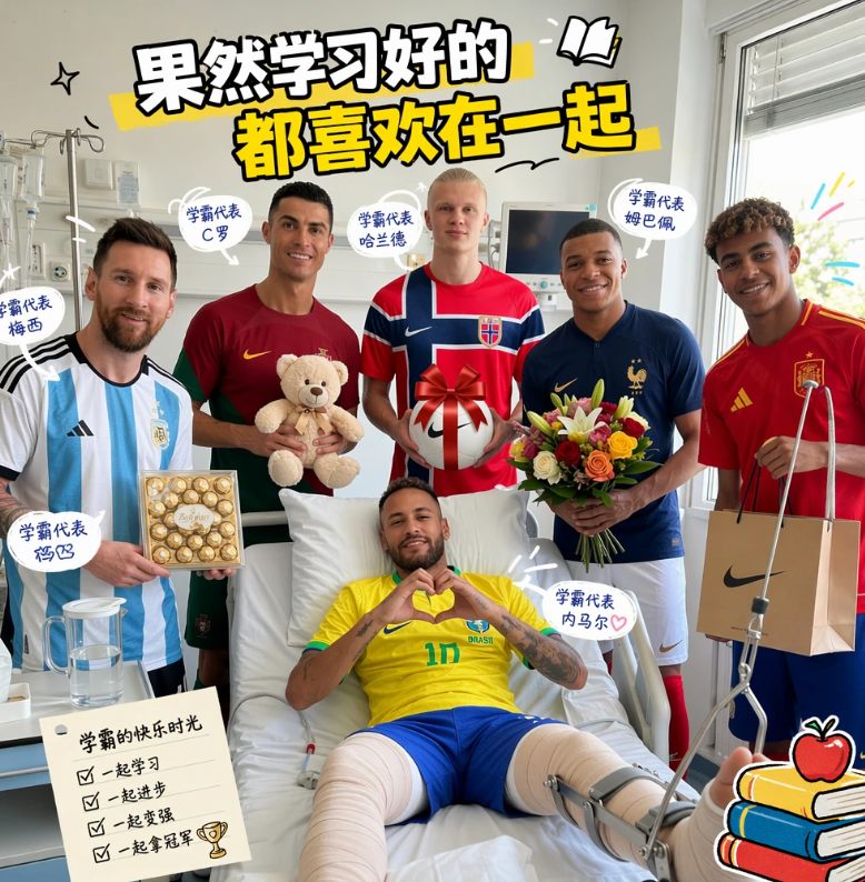 学习好的果然都在一起
内马尔：我今年的世界杯战略已经规划好了
梅西：你在医院？