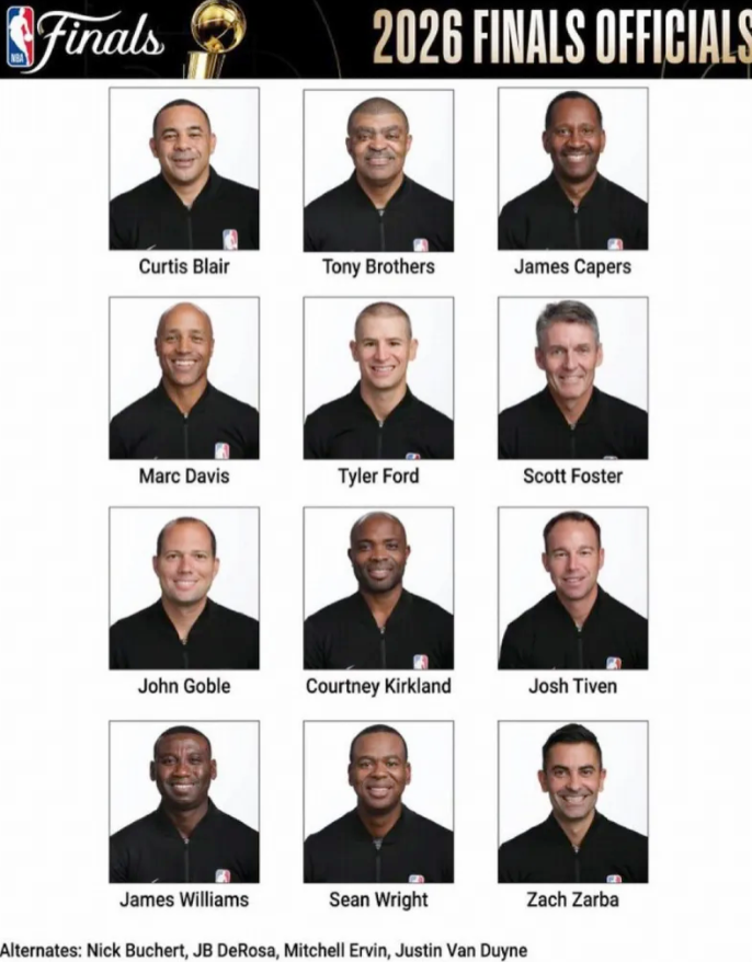 NBA官方公布了2026年总决赛执法裁判名单，斯科特-福斯特与托尼-布拉泽斯入选