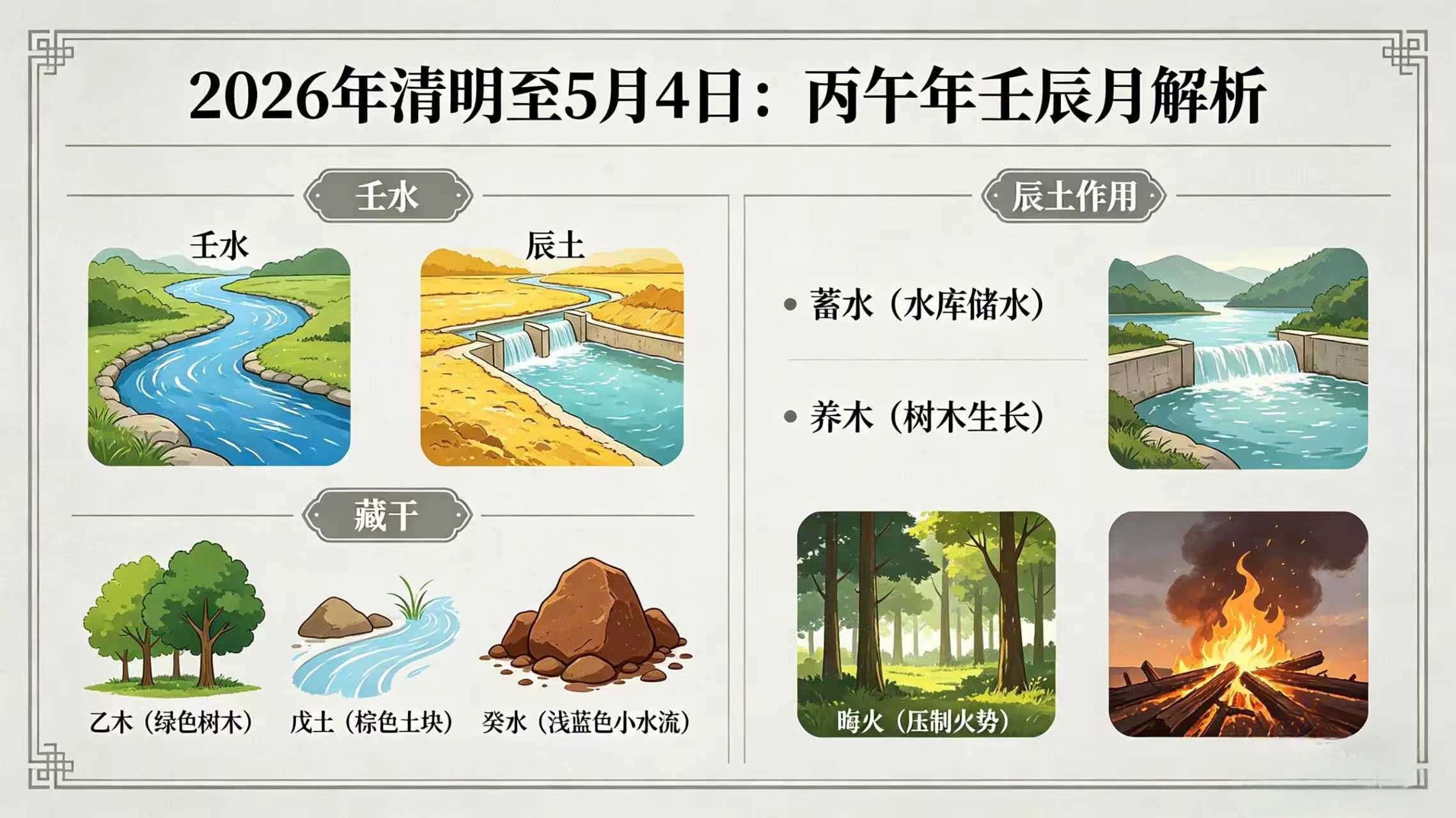 壬辰月引发的地支关系有：辰戌冲、卯辰穿、申辰合、子辰合、辰酉合以及辰辰自刑。
辰