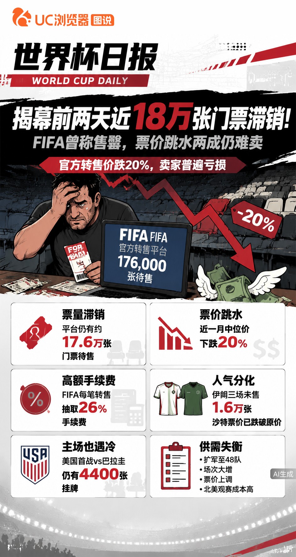 揭幕前两天近18万张门票滞销！FIFA曾称售罄，票价跳水两成仍难卖