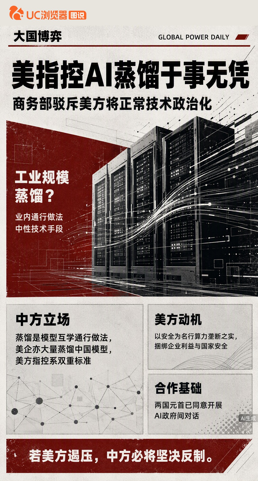 美三部门联合指责中国AI企业“工业规模”蒸馏美模型，商务部回应：于事无凭、于法无据。蒸馏是业内通行做法，美企也在用，美方此举被指搞双标、行算力垄断之实。
