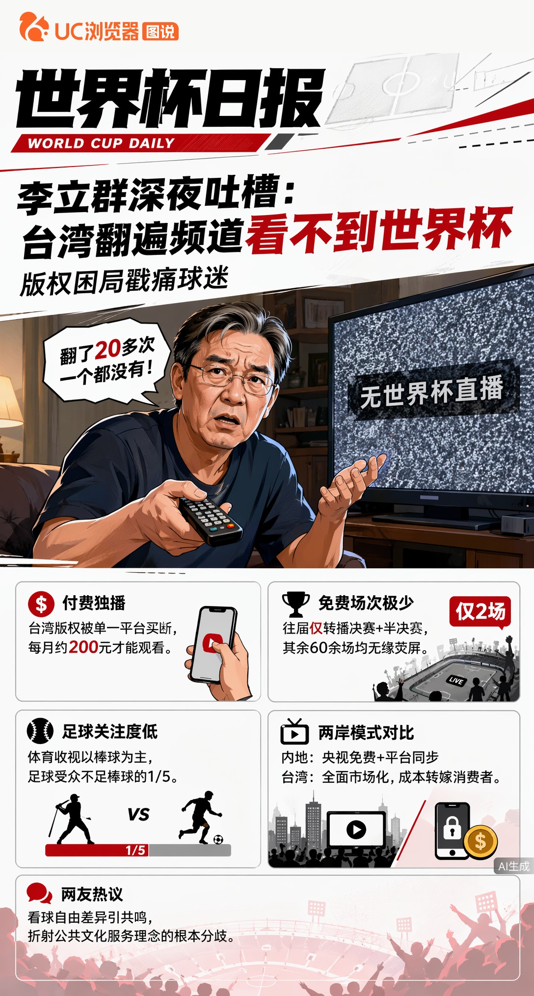 李立群深夜吐槽：台湾翻遍频道看不到世界杯，版权困局戳痛球迷