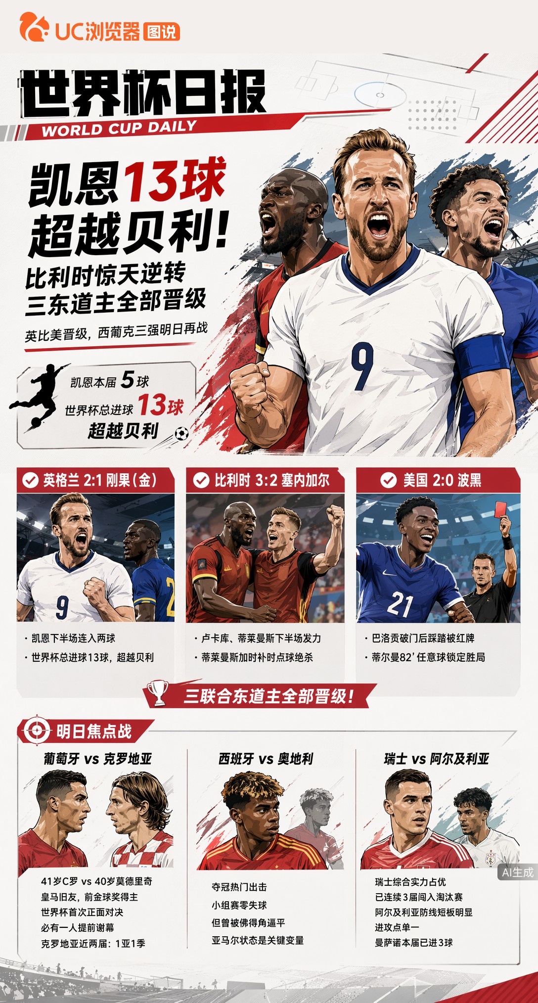 凯恩世界杯13球超越贝利！比利时惊天逆转，三东道主全部晋级