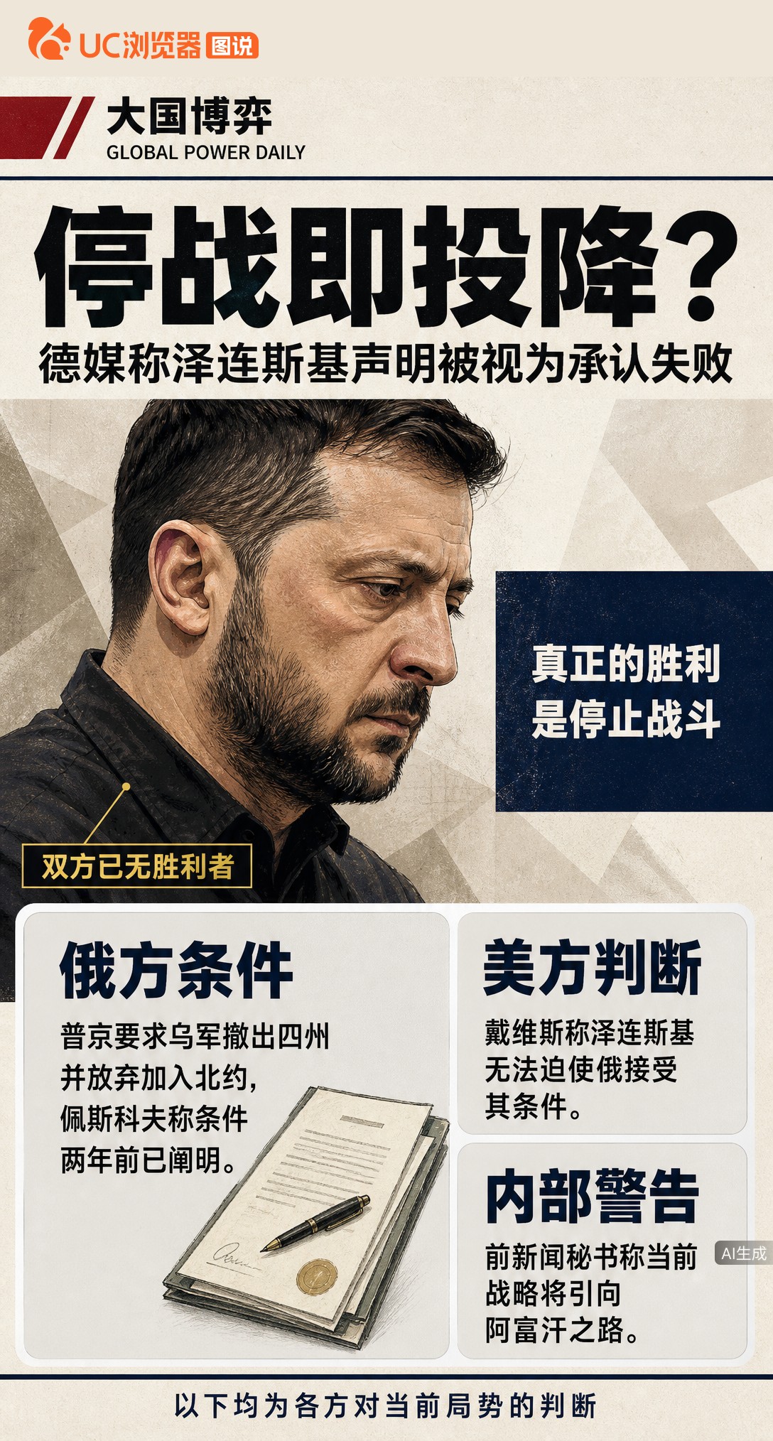 泽连斯基称“胜利就是停止战斗”，德媒解读为准备投降信号。他坦言双方都无法取胜，但俄方停火条件仍是撤军加放弃入约，谈判桌上的差距依然没变。