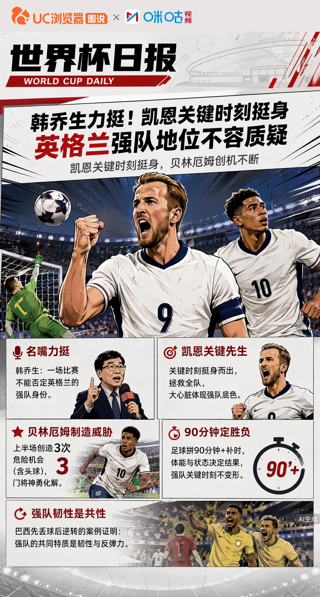 韩乔生力挺！凯恩关键时刻挺身，英格兰强队地位不容质疑