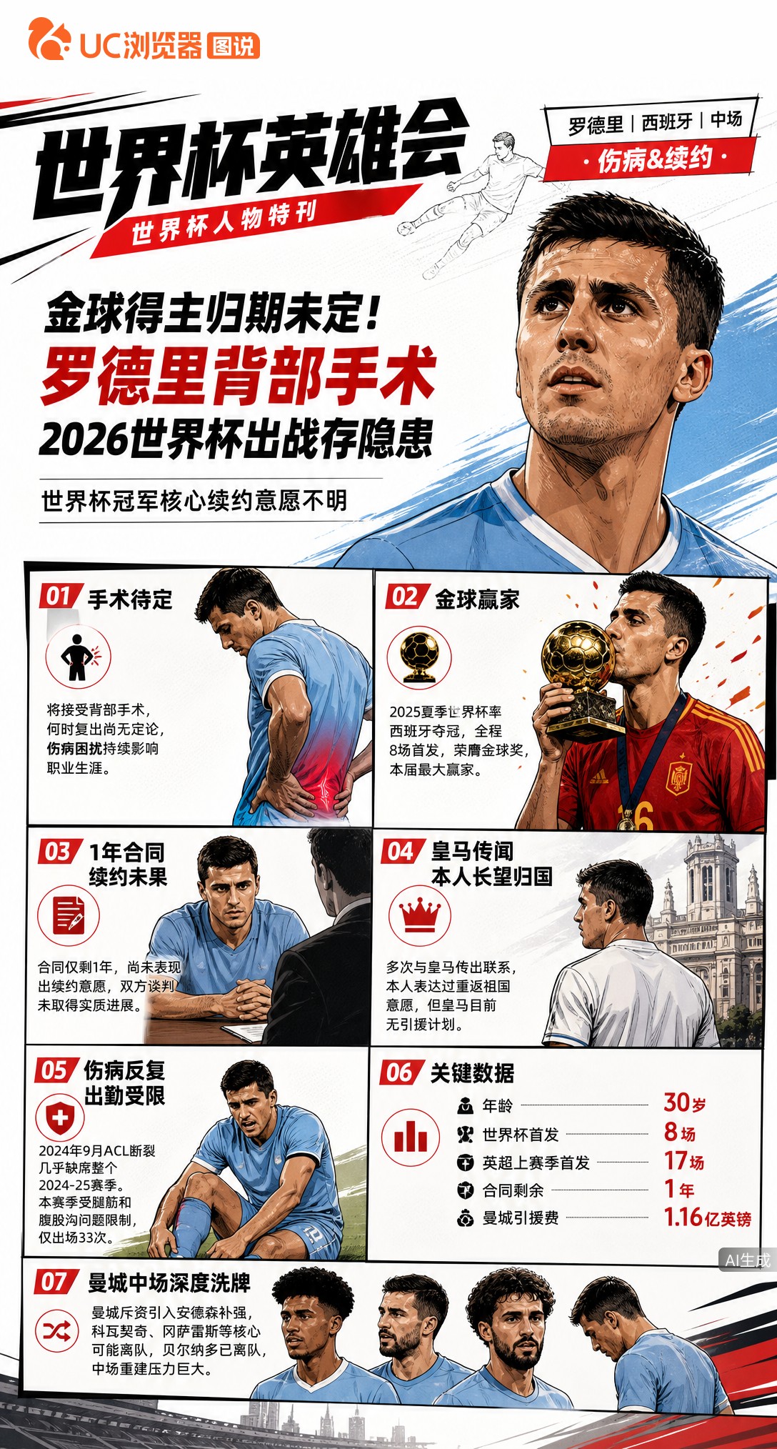 金球奖得主归期未定！罗德里背部手术，2026世界杯出战存隐患