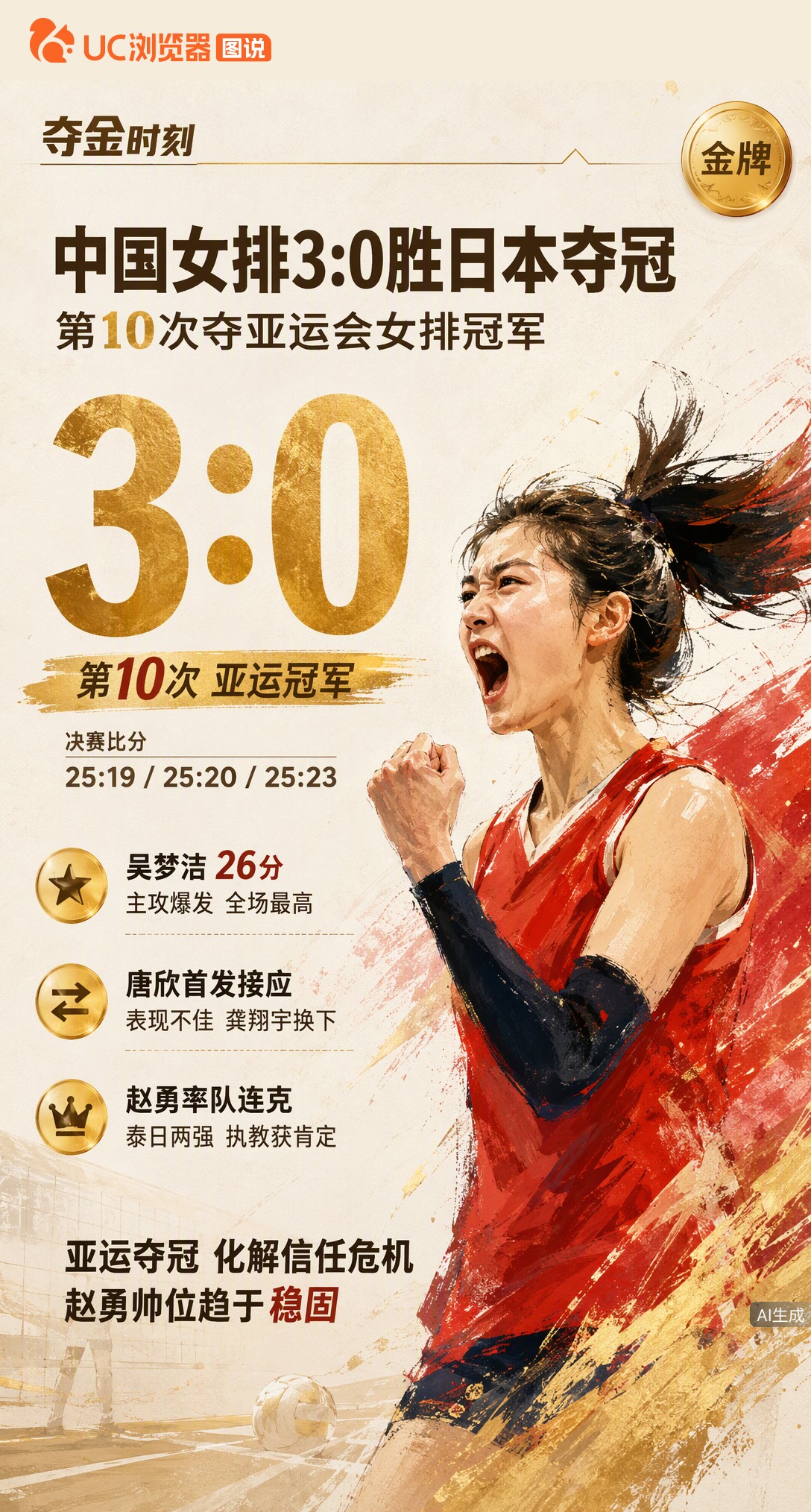 名古屋亚运女排夺冠！中国队3-0横扫东道主日本，吴梦洁砍26分主导进攻。这是中国女排第10次登顶亚运，赵勇率队连克泰日两强，用冠军证明执教能力。