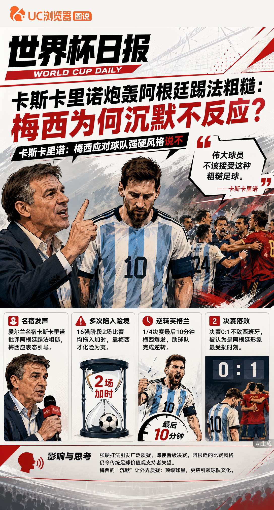 卡斯卡里诺炮轰阿根廷踢法粗糙：梅西为何沉默不反应？