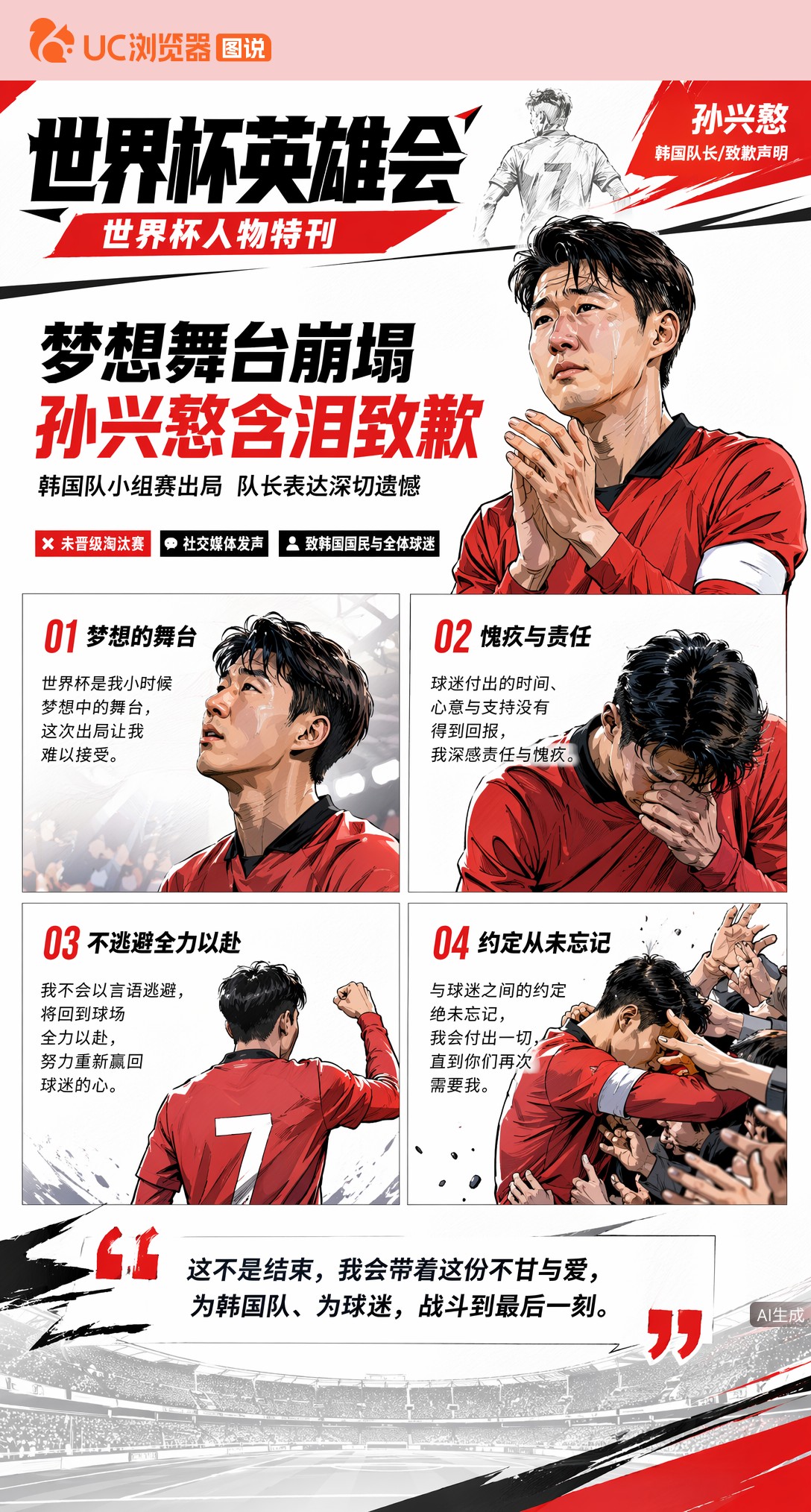 小组赛出局，孙兴慜含泪致歉：梦想的舞台如今崩塌