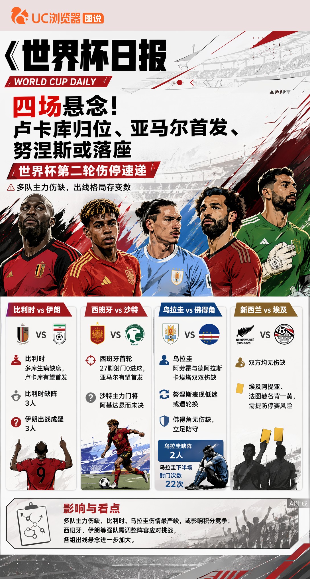 四场悬念！卢卡库归位、亚马尔首发、努涅斯或落座——世界杯第二轮伤停速递