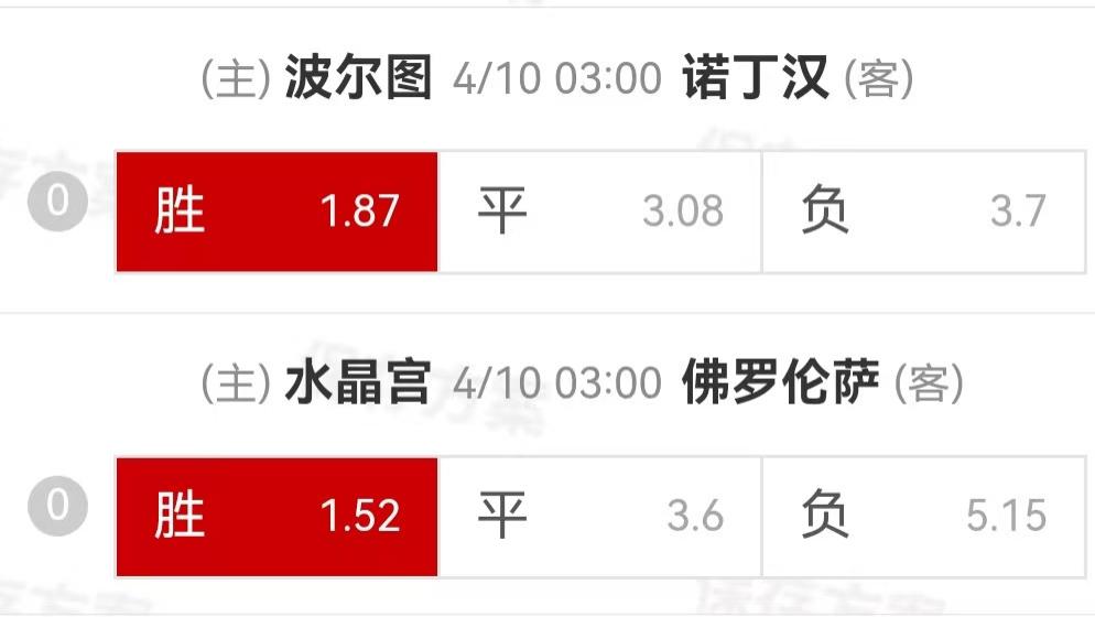 {一脚球}竞彩推荐：波尔图VS诺丁汉森林+水晶宫VS佛罗伦萨