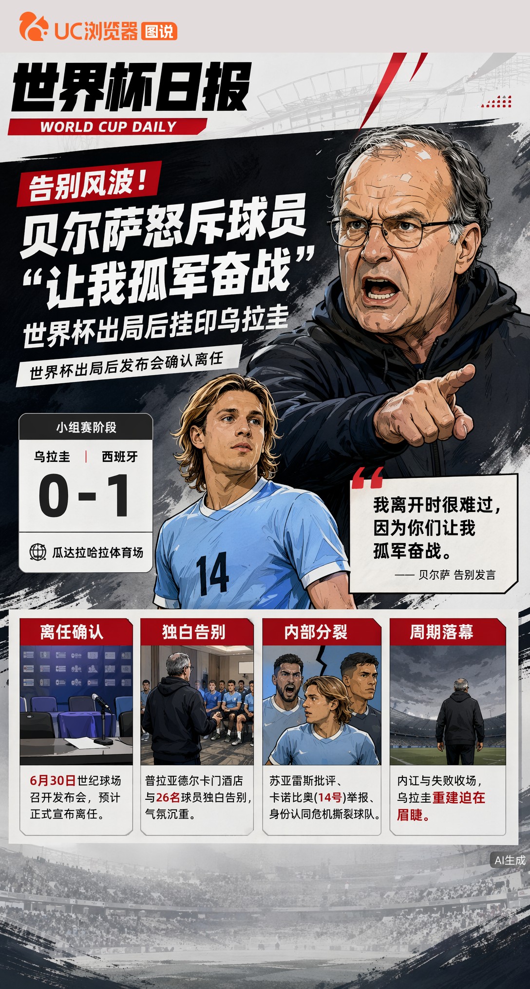 告别风波！贝尔萨怒斥球员"让我孤军奋战"，世界杯出局后挂印乌拉圭