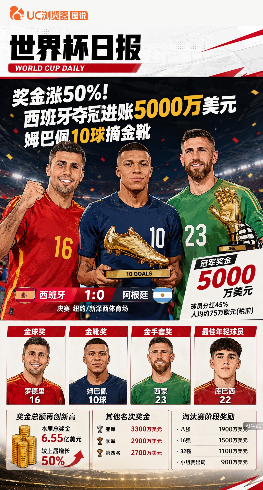 奖金涨50%！西班牙夺冠进账5000万美元，姆巴佩10球摘金靴