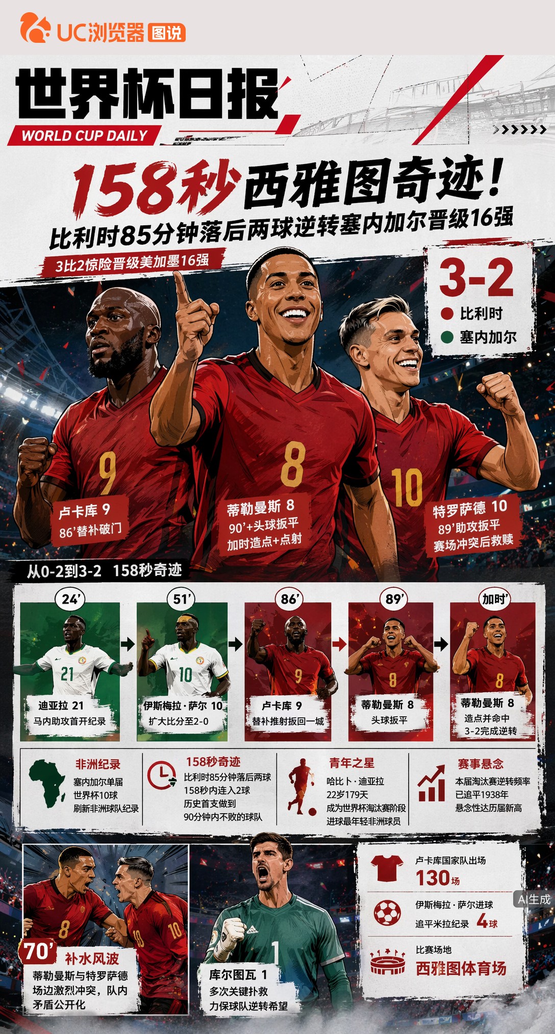 158秒西雅图奇迹！比利时85分钟落后两球逆转塞内加尔晋级16强