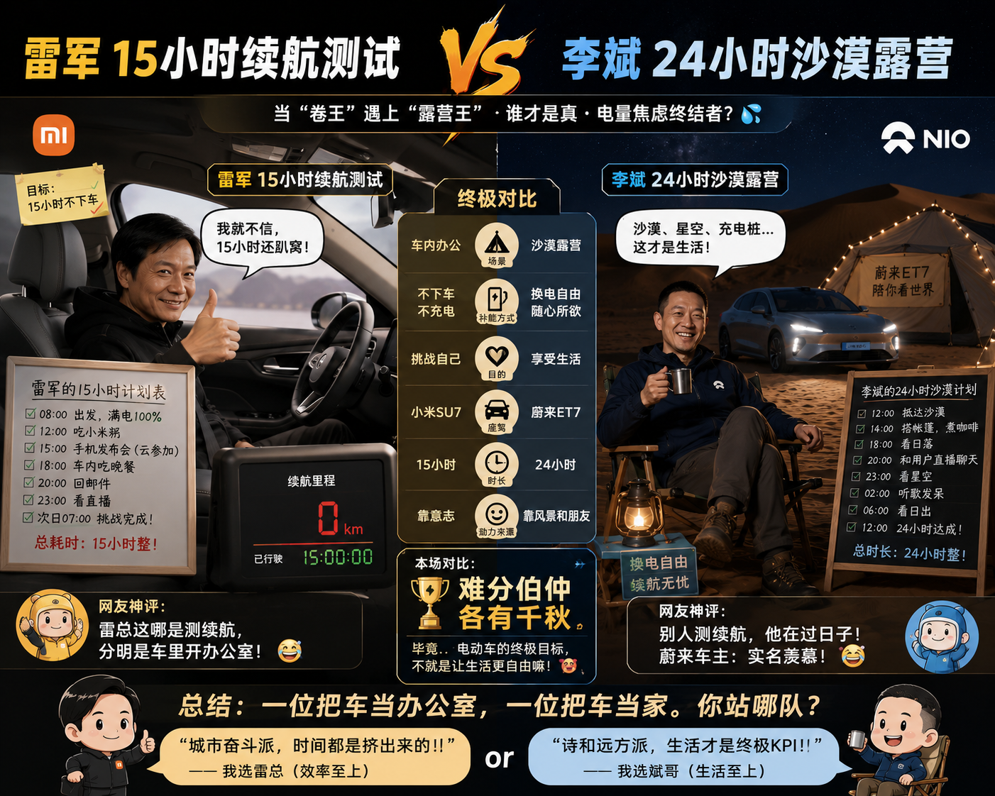 前有雷军15小时续航测试，后有李斌24小时沙漠露营