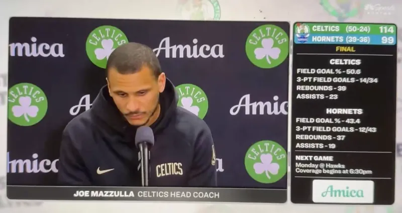 NBA常规赛，凯尔特人客场114-99战胜黄蜂。

本场比赛取胜后，凯尔特人已经