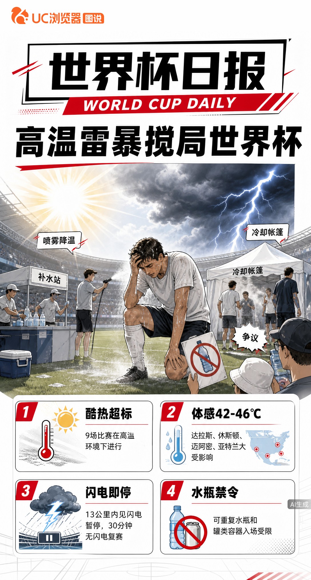 104场比赛遇高温雷暴！9场酷热超标，水瓶禁令再添争议