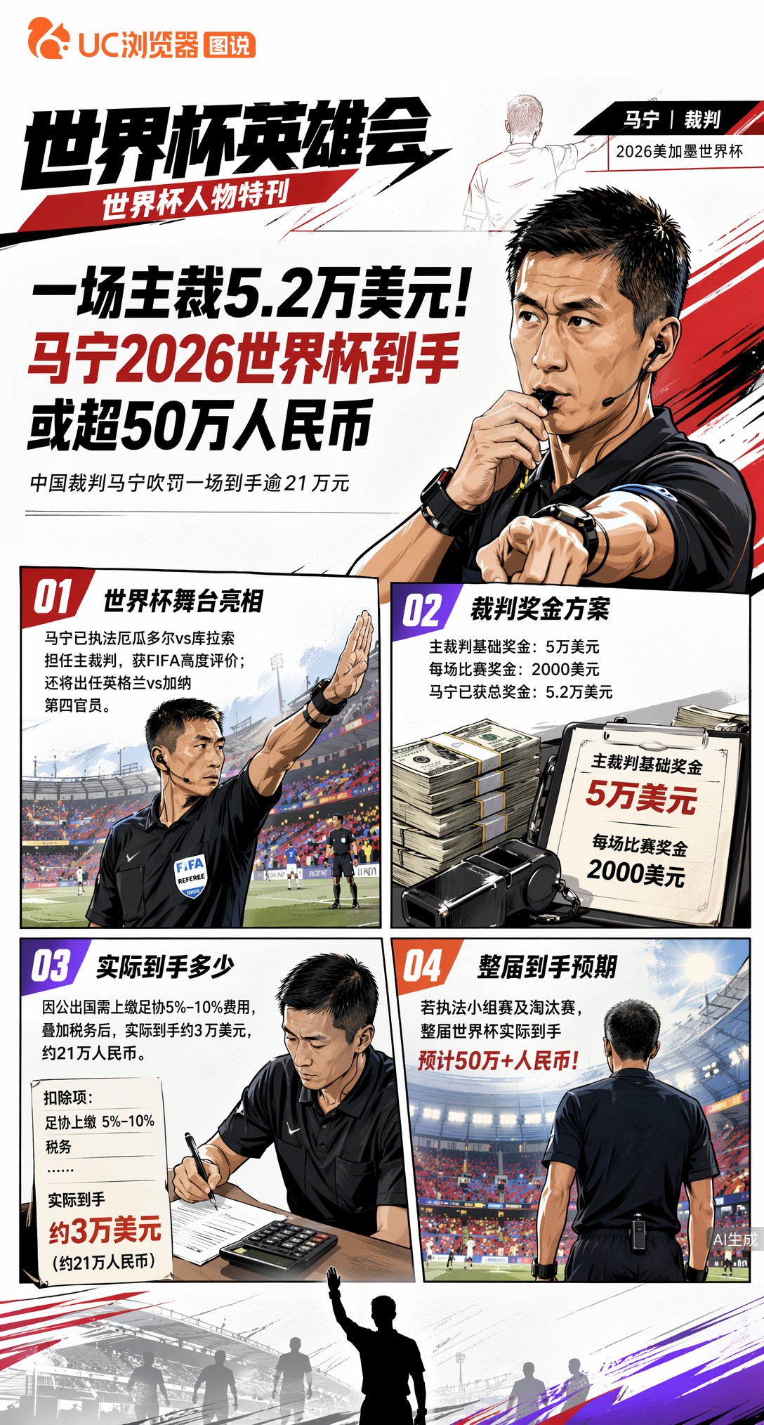 一场主裁5.2万美元！马宁2026世界杯到手或超50万人民币