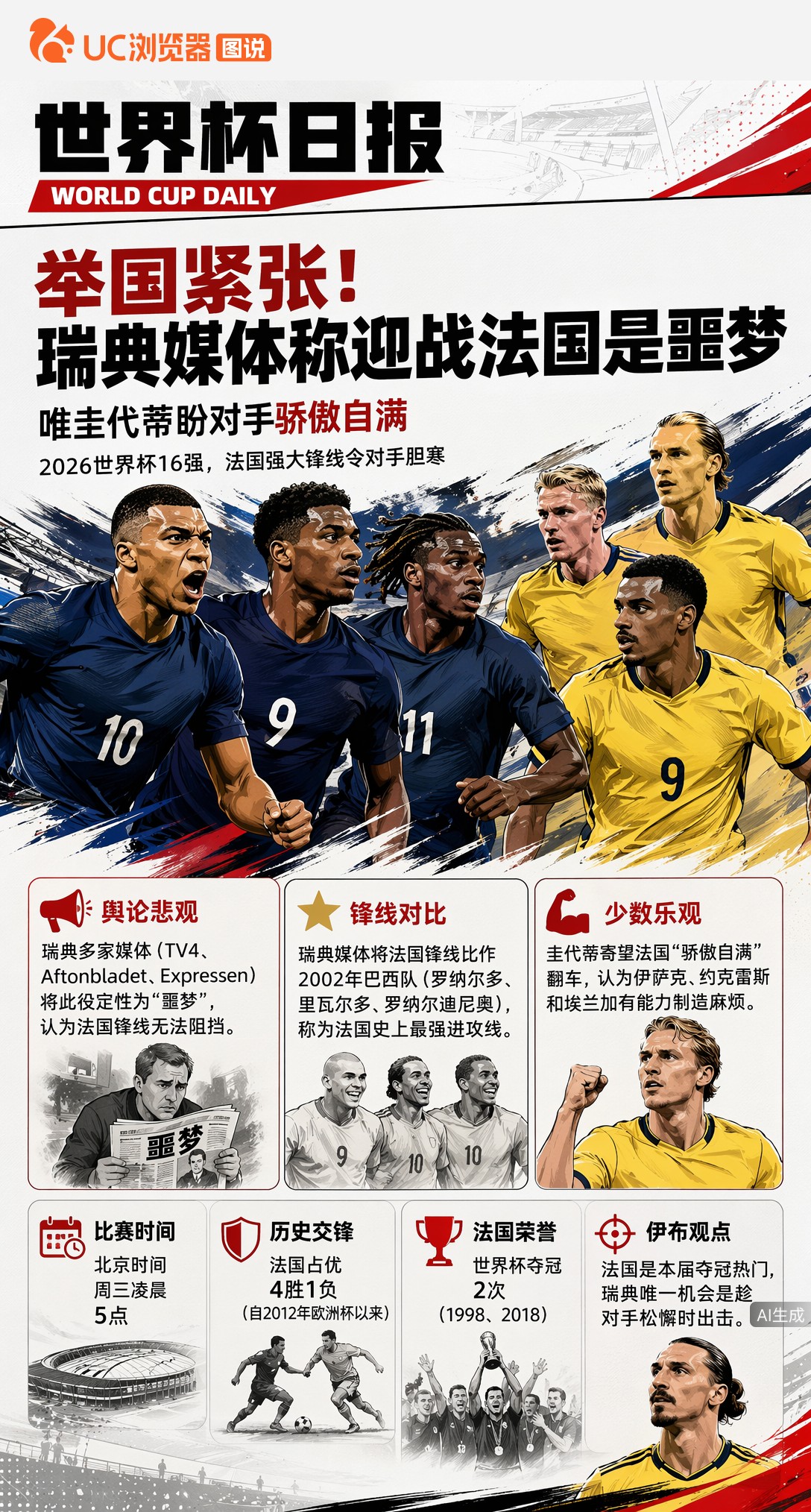 举国紧张！瑞典媒体称迎战法国是噩梦，唯圭代蒂盼对手骄傲自满
