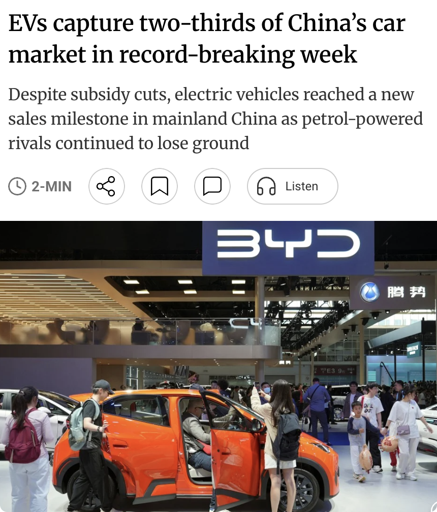 外媒：6月首周，中国电动汽车创下市场渗透率66.7%的历史新高，即每售出3辆新车
