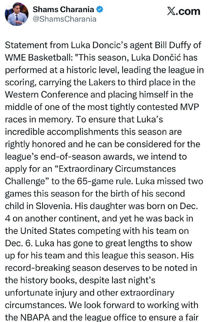 东契奇的经纪人比尔-达菲发表声明：

本赛季，东契奇打出了历史级别的表现，领跑联