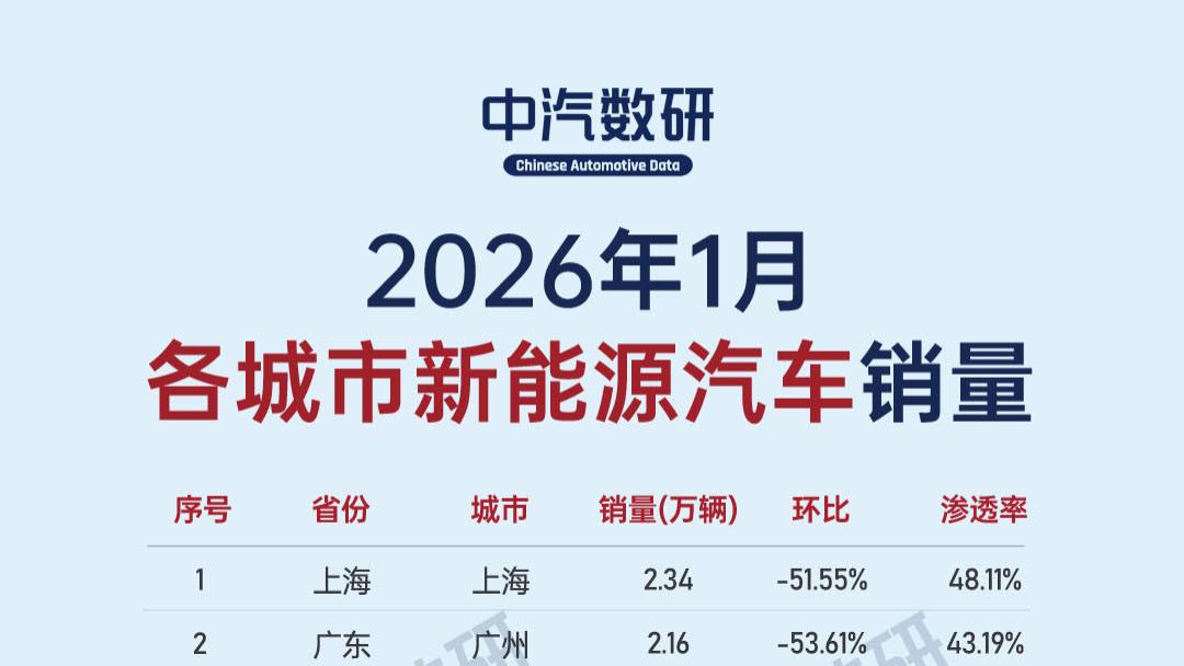 2026年1月中国各大城市新能源汽车销量榜