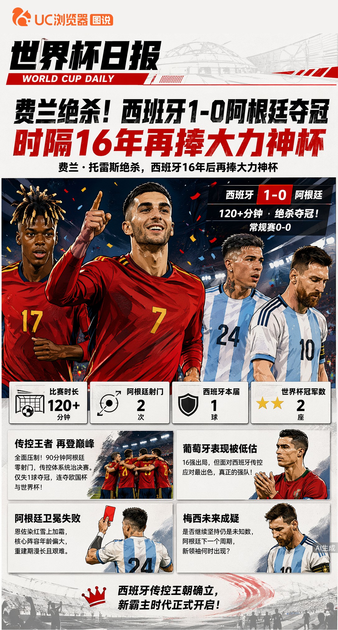 费兰绝杀！西班牙1-0阿根廷夺冠，时隔16年再捧大力神杯