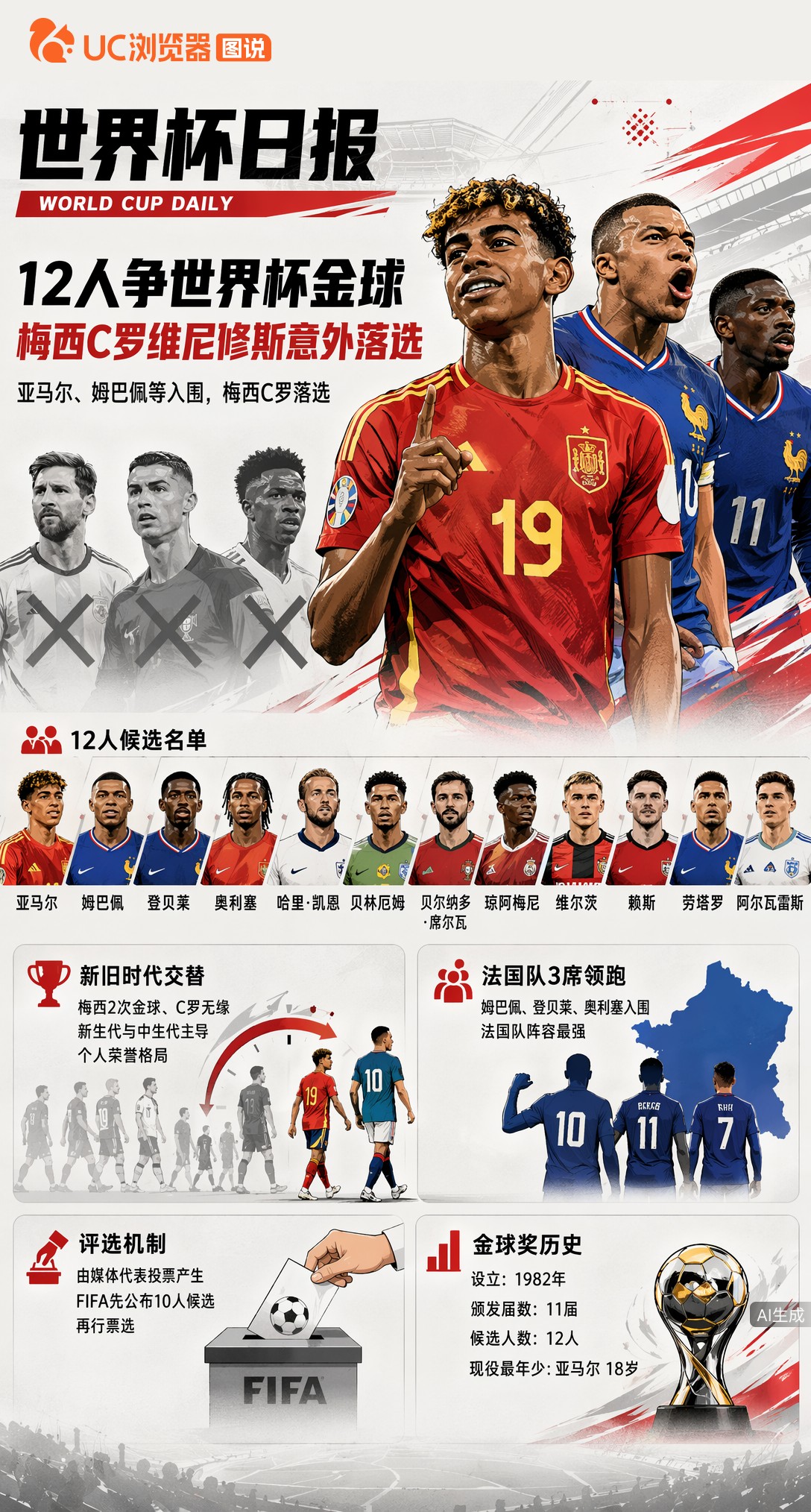 FIFA列12人争世界杯金球，梅西C罗维尼修斯意外落选