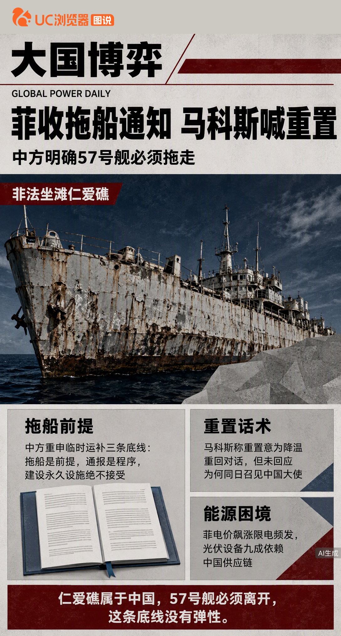 菲方刚收到拖船通知，马科斯就喊话要“重置”对华关系。但中方底线没弹性：57号舰必须拖走，这是谈油气开发等合作的前提，否则其他都是空话。