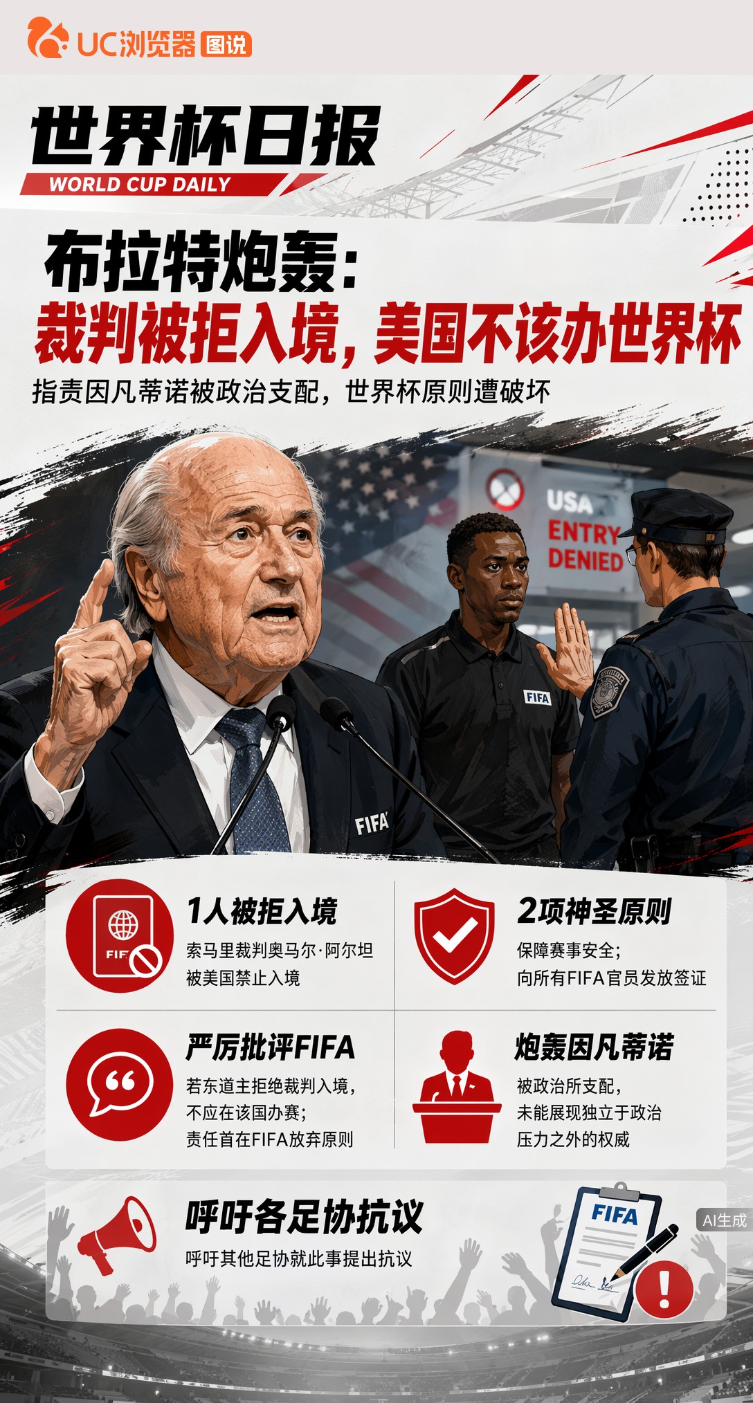 布拉特炮轰：裁判被拒入境，美国不该办世界杯