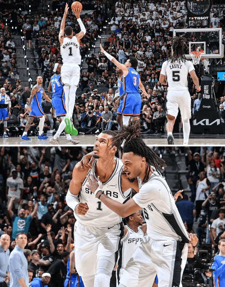 NBA季后赛西部决赛，马刺对阵雷霆G4的比赛正在进行中。
第二节比赛，文班亚马压