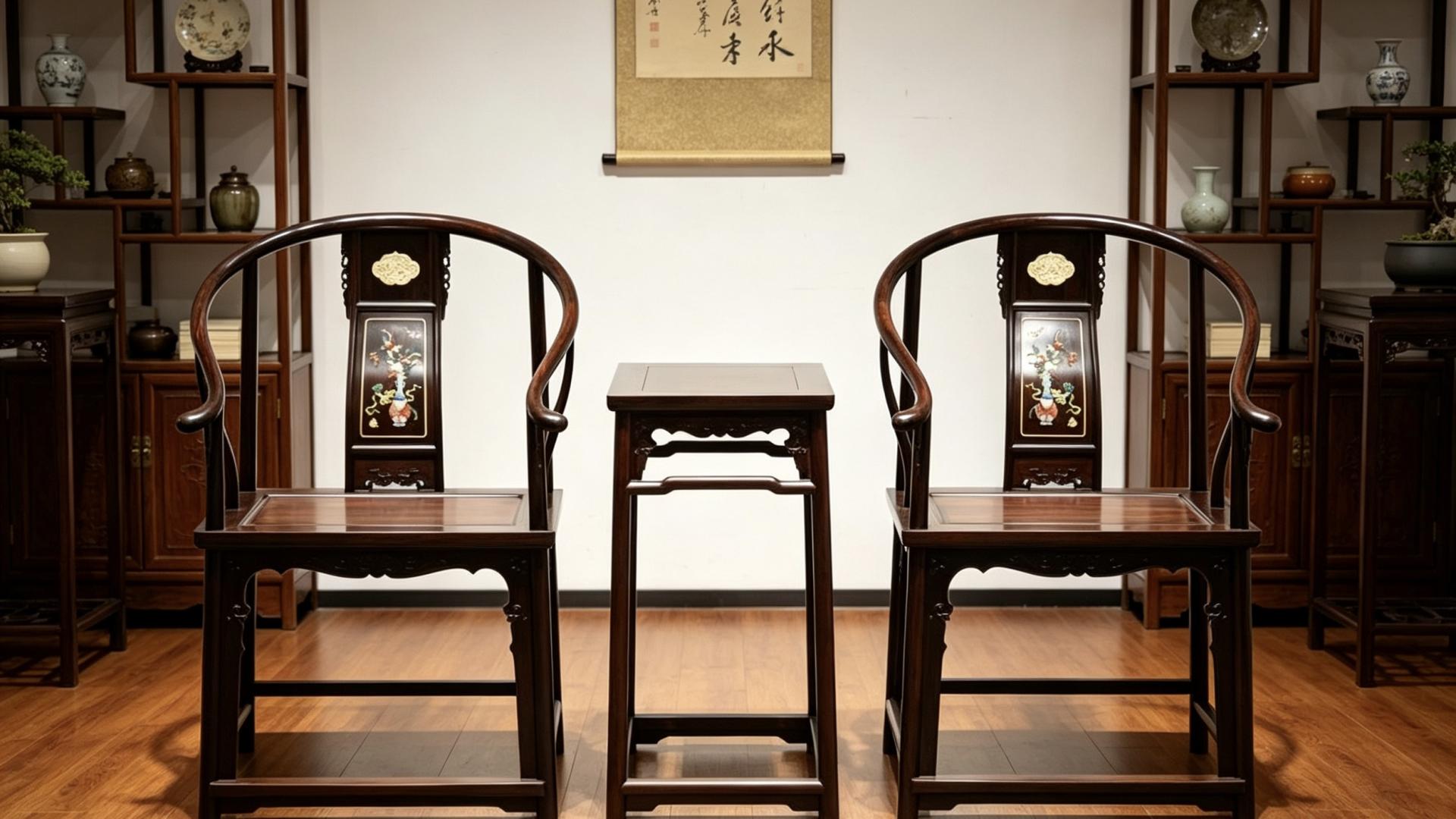 典藏臻品，大红酸枝，百宝嵌清供图圈椅