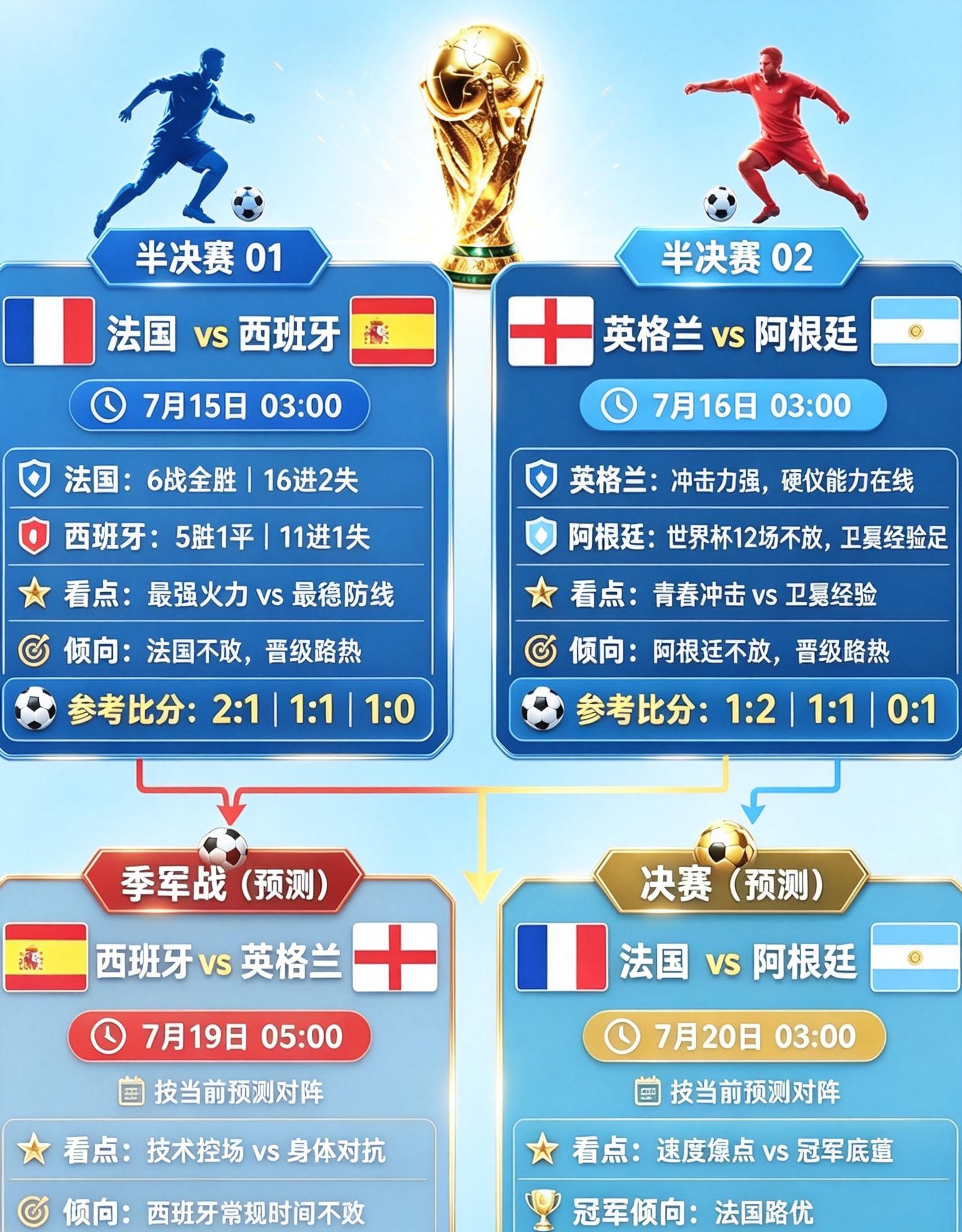 法国🇫🇷西班牙🇪🇸谁会胜出？
英格兰🏴󠁧󠁢󠁥󠁮󠁧󠁿阿根廷?