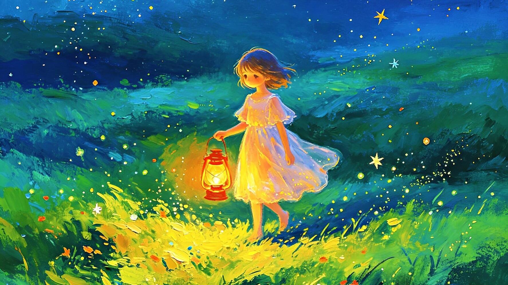 提灯笼小女孩的星空插画