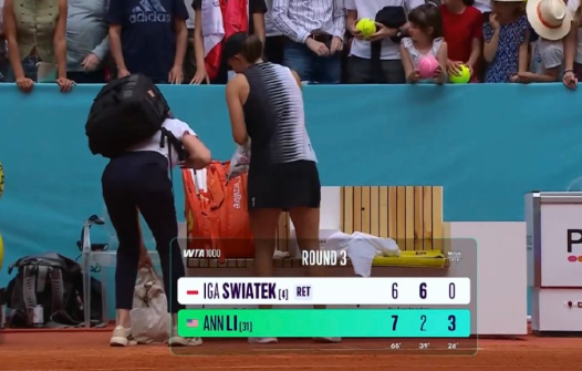 斯瓦泰克决胜盘0-3(0-30)落后时因身体不适选择退赛，李安因此晋级马德里赛1