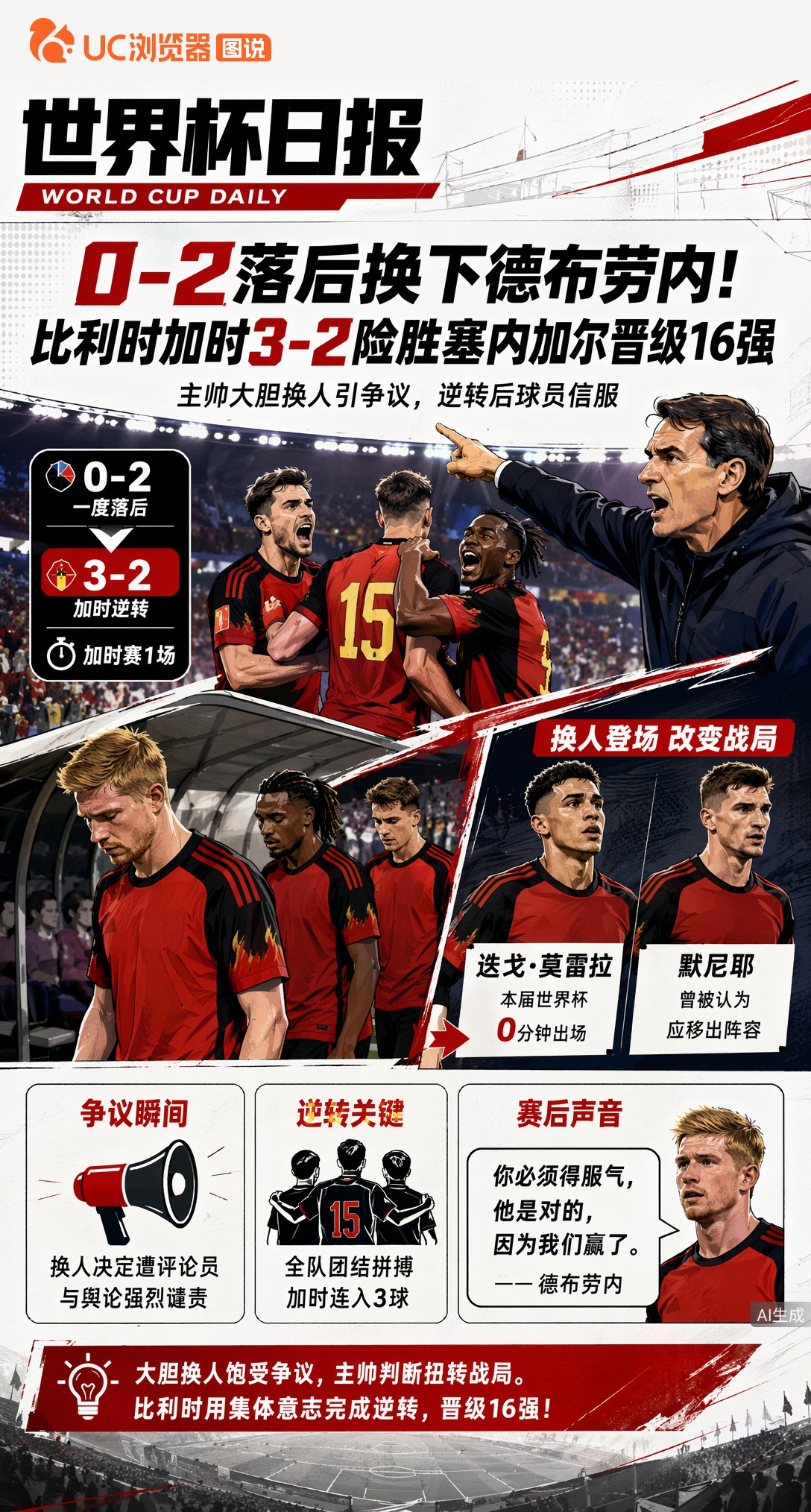 0-2落后换下德布劳内！比利时加时3-2险胜塞内加尔晋级16强