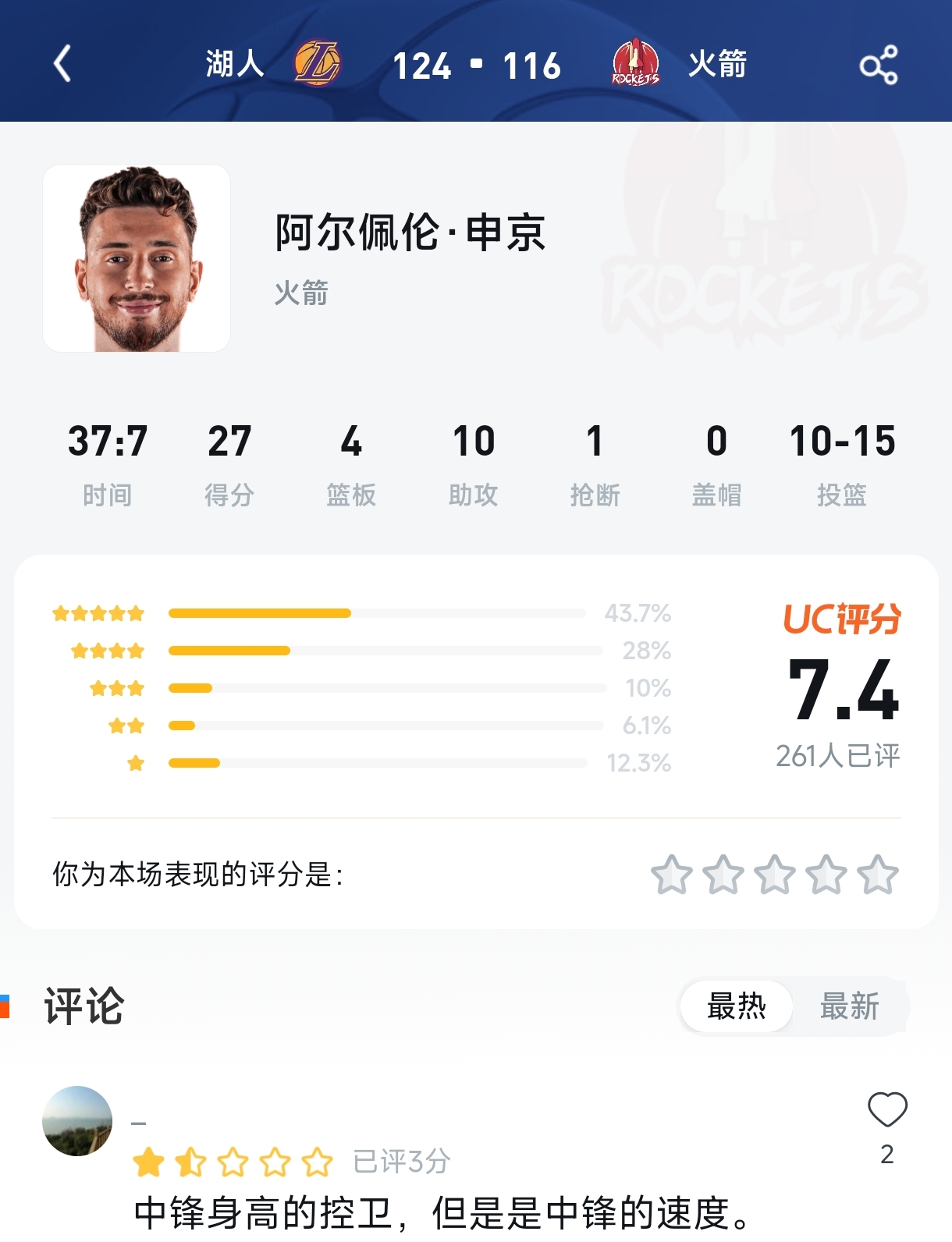 27+10准三双却只值7.4分？申京的“中锋速度”困境，在火箭输给湖人的夜晚被无限放大