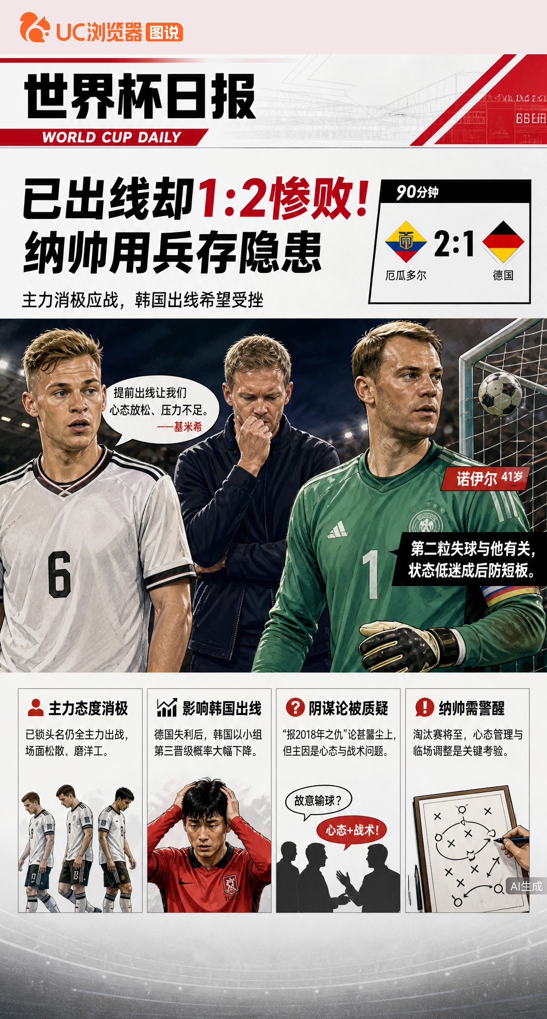 已确定出线却1比2惨败！德国主力磨洋工，纳格尔斯曼用兵存隐患