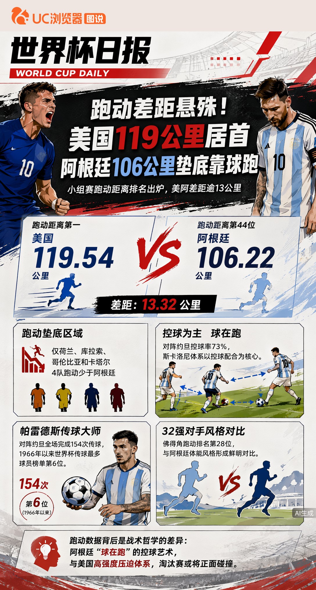 跑动差距悬殊！美国119公里居首，阿根廷106公里垫底靠球跑