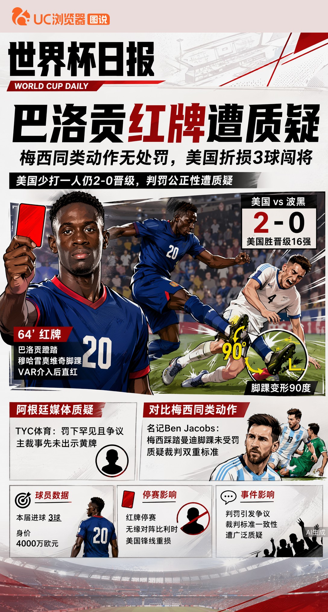 巴洛贡红牌遭阿根廷媒体质疑！梅西同类动作无处罚，美国折损3球闯将