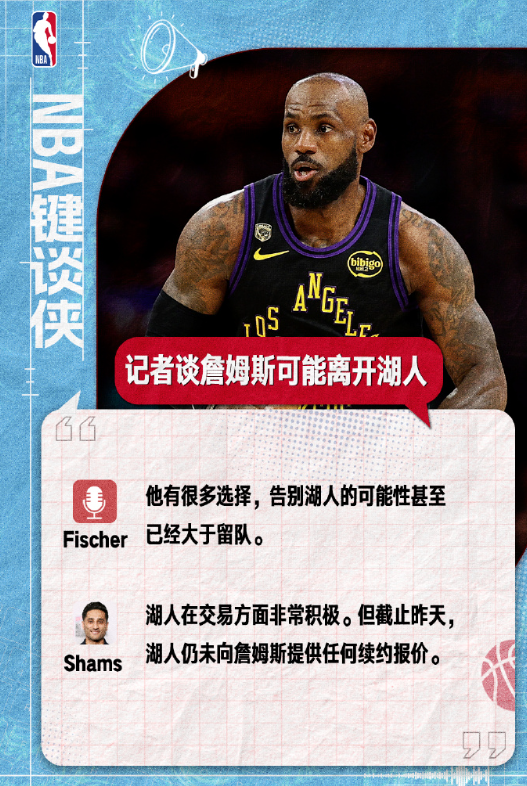 去向何方？据美记Fischer消息，詹姆斯有很多选择，告别湖人的可能性甚至已经大
