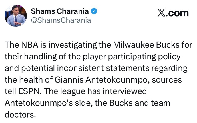 Shams：NBA正在调查雄鹿队，原因是球队在执行球员出场政策时存在违规操作，且