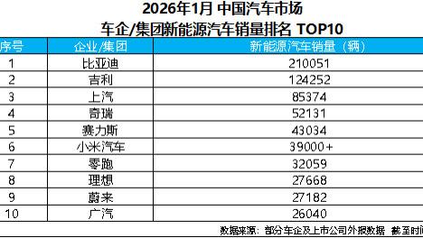 从1月榜单看车市格局，比亚迪领衔新能源车企