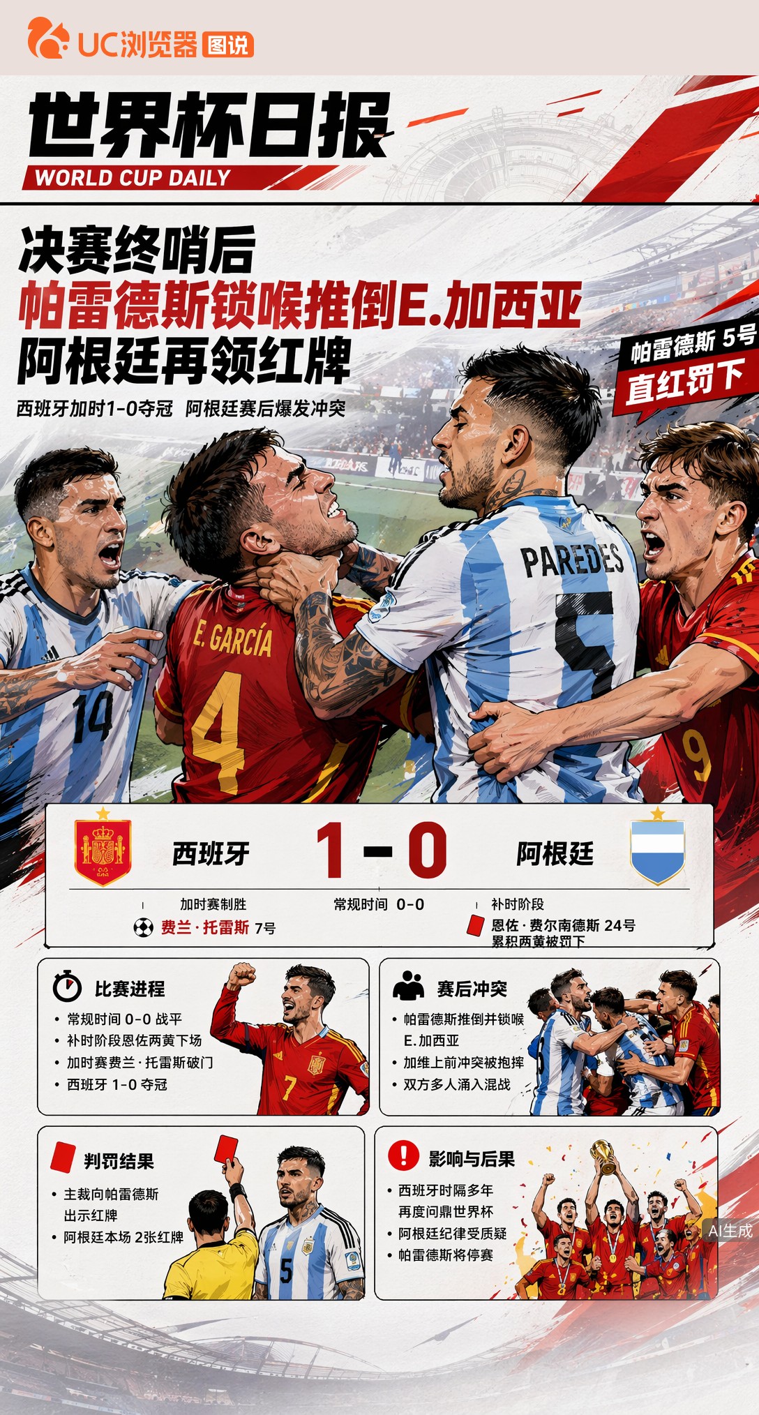 决赛终哨后帕雷德斯锁喉推倒E.加西亚，阿根廷再领红牌