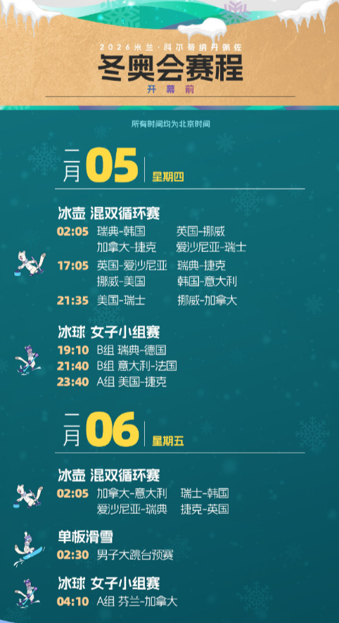 2月5日02:05，米兰冬奥会冰壶项目混双比赛将在科尔蒂纳奥林匹克冰壶馆率先开赛