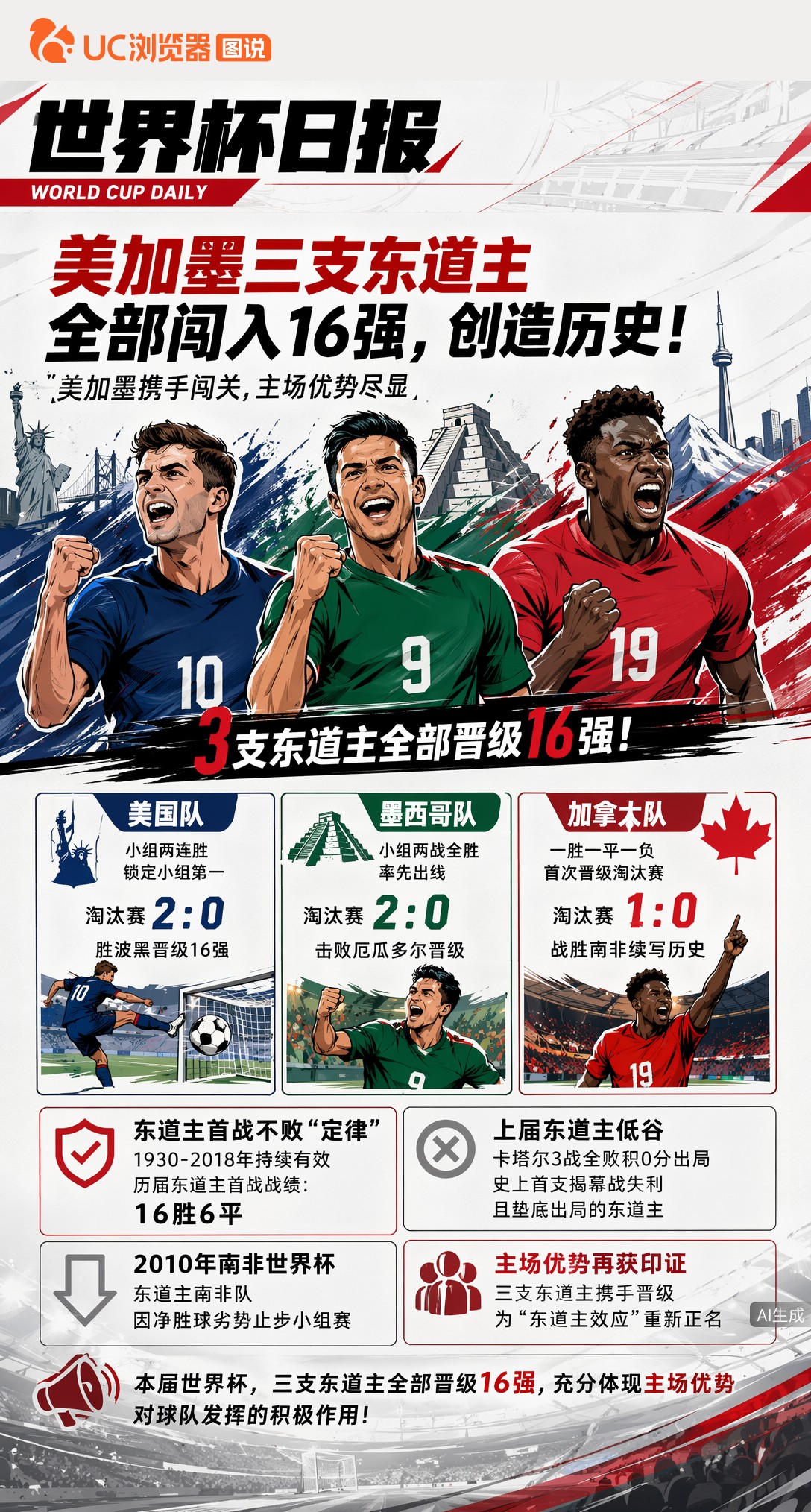 美加墨三支东道主全部闯入16强，创造历史！