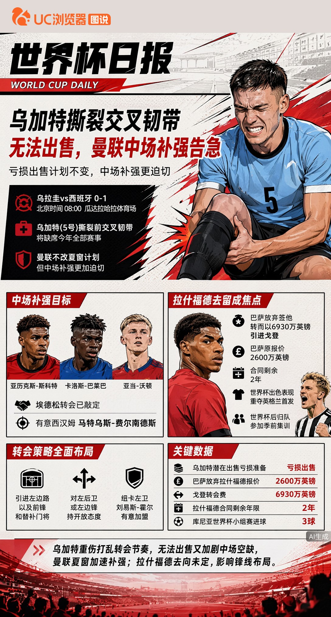 乌加特撕裂交叉韧带无法出售，曼联中场补强告急